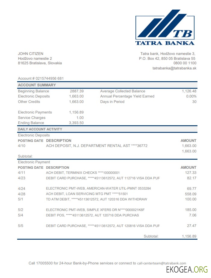 Slovaquie Tatra Bank excel pdf